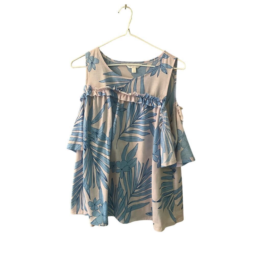 Lauren Conrad Blouse Top Women's Size L Blue Floral‎ Cold Shoulder Short Sleeve